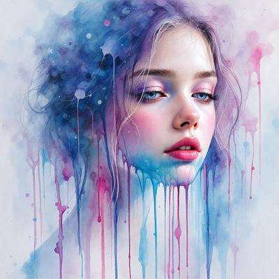 The primary subject of the image is a woman with a pink lipstick smile. She is the main focus of the image. The setting is a painting, which is a digital art piece. The visual style is artistic and creative, with the woman's face being the main subject. The colors and mood of the image are vibrant and lively, with the woman's pink lipstick and the blue and pink colors of the painting creating a cheerful atmosphere.